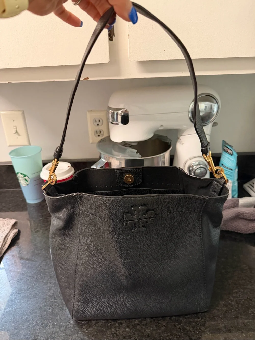 Tory Burch Black Pebbled Leather bucket bag